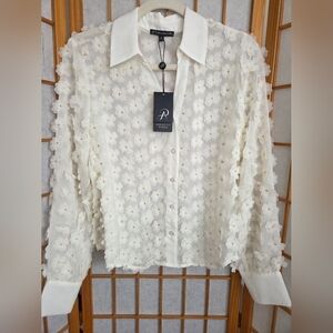 NWT WOMENS ADRIANNA PAPELL 30 FLOWERS WOVEN LONG SLEEVES IVORY BLOUSE MEDIUM